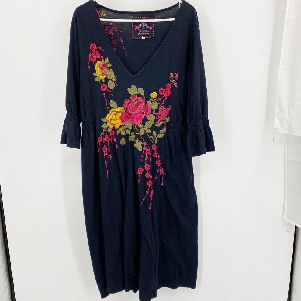 Johnny Was Navy Dress with Pink and Yellow Floral Embroidery